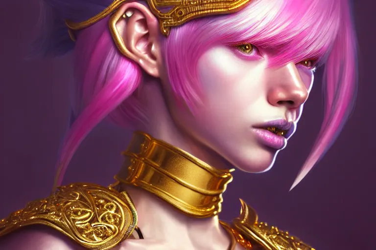 Prompt: hyperdetailed portrait of a stunningly beautiful european girl androgynous guard made of iridescent metals shiny pink gems, bright nimbus, thin golden necklace, inspired by ross tran and wlop and masamune shirow and kuvshinov, concept art, intricate, photorealistic, octane render, rtx, hdr, unreal engine, dnd digital art by artgerm
