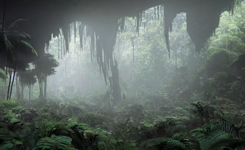 Prompt: a beautiful render of a dark prehistoric rainforest in a humongous cave, lush flora, patches of yellowish - red - magenta sky, sunset lighting, military!! industrial!! facility!!, intricate detail, hazy, humid, volumetric lighting, god rays, 8 k, photorealistic, raytracing effects, unreal engine 5