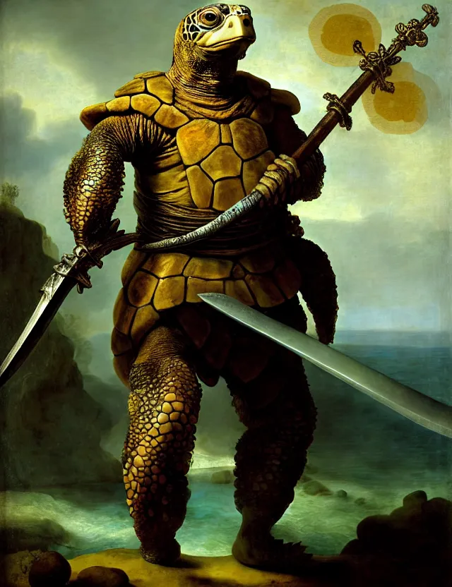 Prompt: anthropomorphic bipedal sea turtle that is wearing full iron plate armor, and holding a colossal sword in his hand, as a matte oil painting and d & d character art, by rembrandt, standing, fullbody, lots of bubbles, sea foam, saltwater, ocean, award - winning, extremely detailed, sharp focus