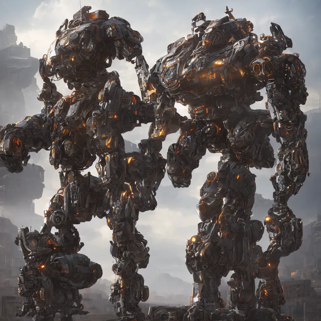 Prompt: mech, unreal engine, octane render, gigantic, unreal engine, octane render, 3D, brilliantly coloured, intricate, ultra wide angle, trending on artstation, dusk, volumetric lighting, HDR, polished, micro details, ray tracing