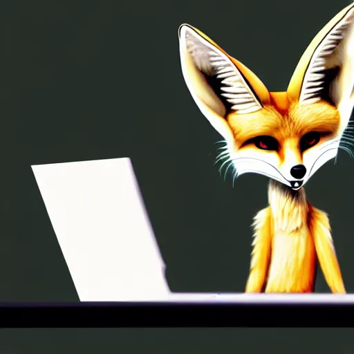 Prompt: an anthropomorphic male fennec fox sitting in a gaming chair drinking monster energy drinks, rbg keyboard, laptop, livestream, photo, 1 6 k