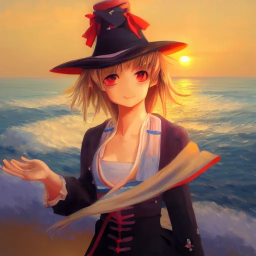 Image similar to Kirisame Marisa, sunset on the beach, touhou project, ZUN, beautiful portrait, oil on canvas, official artwork, trending on artstation, in the style of Aivazovsky