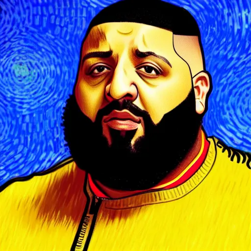 Image similar to ultra realistic portrait of dj khaled in a studio, ultra detailed, under blue, red and yellow cinematic lighting, by van gogh, cartoon