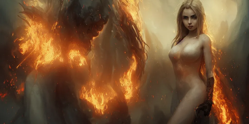 Image similar to evil pretty blond girl demon spawn surrounded by fire tornadoes, flawless symmetrical pretty cute face, ana de armas, hetrochromia, greg rutkowski, 8 k, shallow depth of field, intricate detail, concept art,