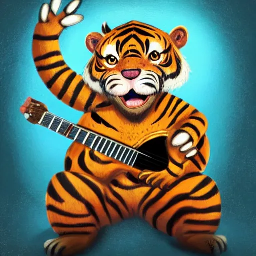 Image similar to illustration of a anthropomorphic tiger in a rock outfit strumming an electric guitar, dslr, 8 k, octane beautifully detailed illustration, cold lighting, cinematic lighting, detailed poster, masterpiece, volumetric lighting, ultra realistic, highly detailed, high quality, lossless