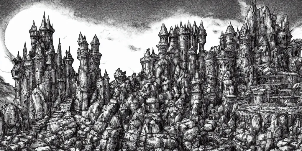 Image similar to illustration of a fantasy Castle in the middle of the desert, monochrome, manga style, by Kentaro Miura, sharp, dramatic lighting