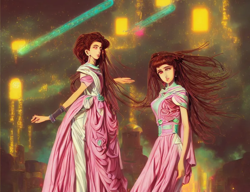 Prompt: middle eastern scifi princess of the rose springs, wearing a lovely dress with vaporwave details. this oil painting by the award - winning mangaka has an interesting color scheme and impeccable lighting.