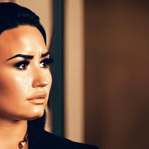 Image similar to close-up of Demi Lovato as a Diana Scully in an X-Files movie directed by Christopher Nolan, movie still frame, promotional image, imax 35 mm footage