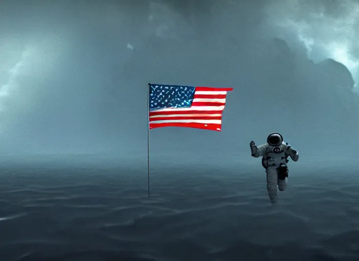 Image similar to astronaut holding a flag in an underwater desert. a submarine is visible in the distance. dark, concept art, cinematic, dramatic, atmospheric, 8 k, trending on artstation, blue, fish, low visibility, fog, ocean floor, christopher nolan, interstellar