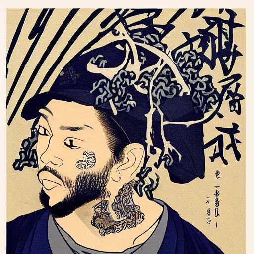 Image similar to U-God from Wu-tang Clan rapping, portrait, style of ancient text, hokusai