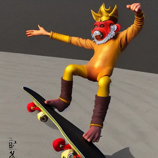 Prompt: monkey king doing kick flips on a skateboard at the olympics by artem chebokha, trending on artstation, photorealistic, high resolution, vray, 8 k, octaneoctane render, weta digital, micro details, 3 d sculpture, structure, ray trace