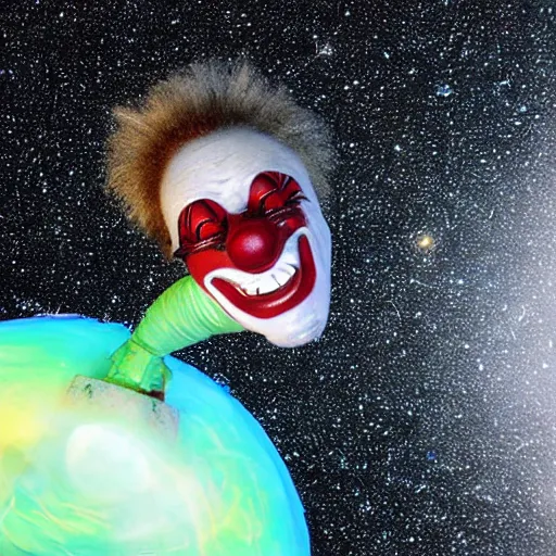 Prompt: an alien clown in space