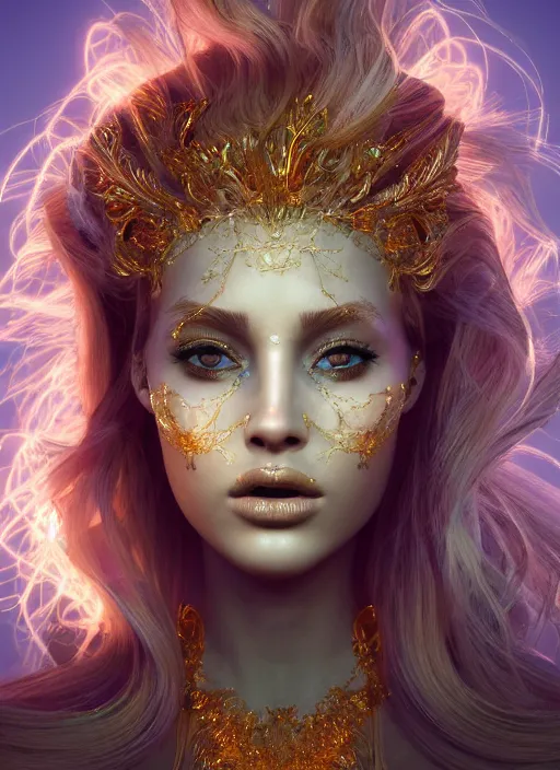 Image similar to beauteous practical sumptuous tattood beautiful face, crystal, gold, copper, bronze biomechanical with incredible iridescent pearlescent voluminous neon hair, crystalline masterpiece incrustations, hyperdetailed face, elegant pose, movie still, intricate, octane render, cinematic forest lighting, unreal engine, crepuscular rays, god rays