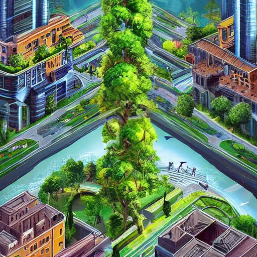 Image similar to City of the future in harmony with nature. Beautiful illustration.