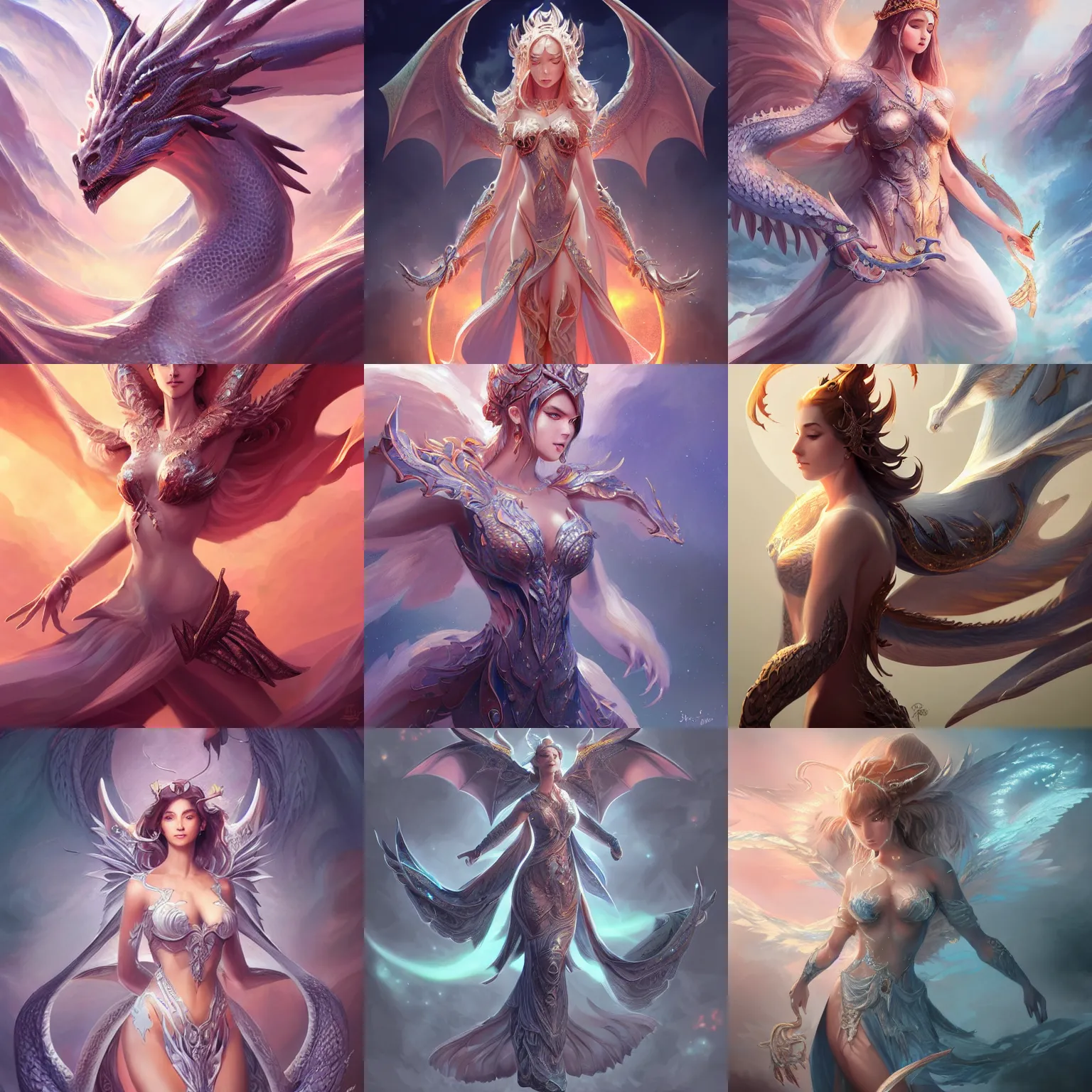 Prompt: stunning dynamic pose full body celestial goddess of dragons, intricate, elegant, highly detailed, digital painting, artstation, concept art, smooth, sharp focus, illustration, art by rossdraws, 4K IMAX hyperrealistic,