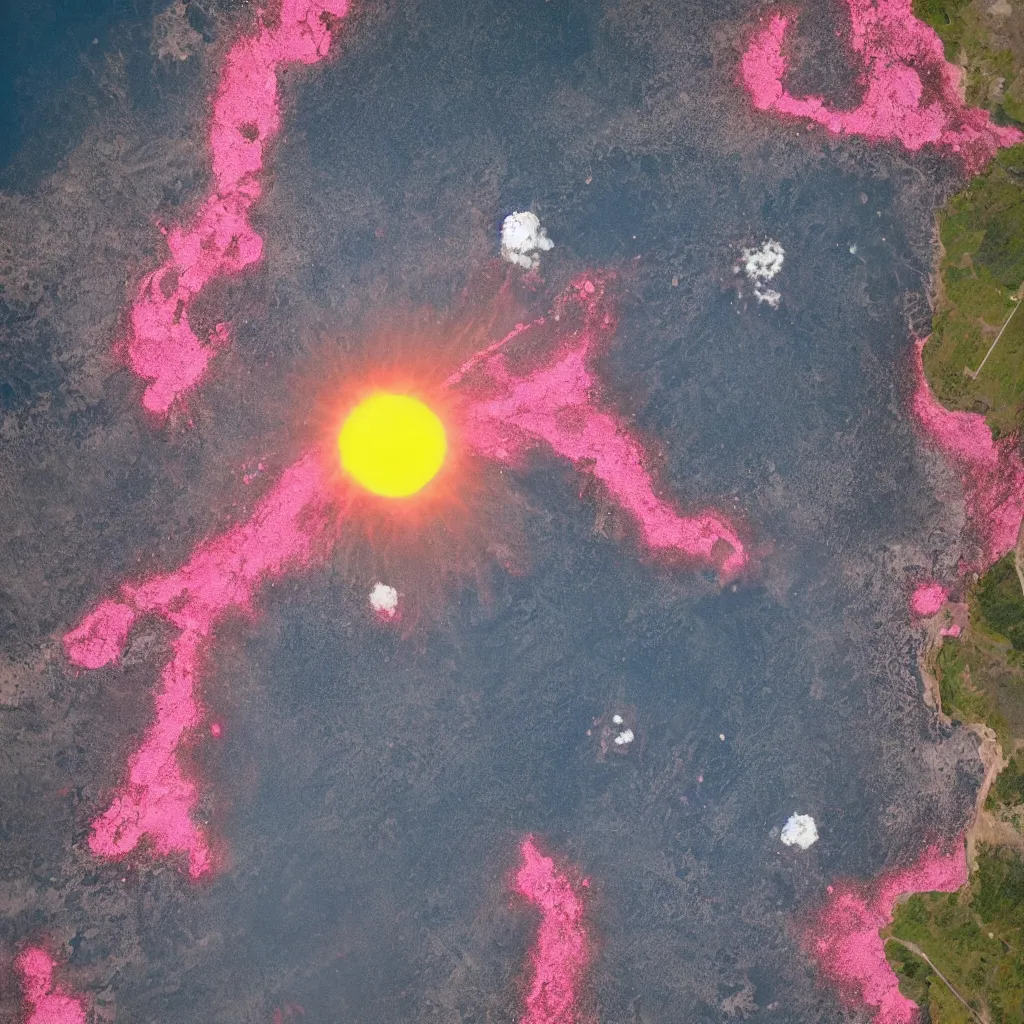 Image similar to looking from space at exploding volcano in middle of the sea with pink beach and shiny sun in back ground and alien plants on beach