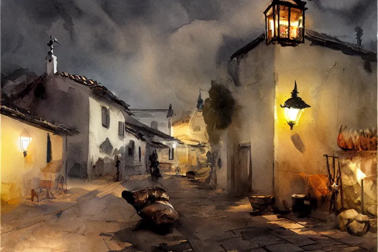 Image similar to paint brush strokes, abstract watercolor painting of rustic portuguese village at nightfall, lantern, ambient lighting, art by hans dahl, by jesper ejsing, art by anders zorn, wonderful masterpiece by greg rutkowski, cinematic light, american romanticism by greg manchess, creation by tyler edlin