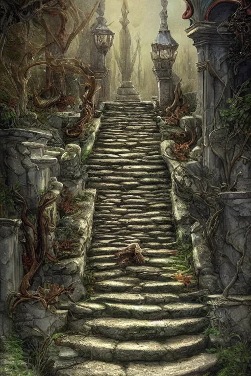 Image similar to stone steps fantasy landscape artstation by emilia dziubak, will terry, greg olsen, chris mars, ann long, and mark brooks, dramatic, fairytale, art nouveau, victorian, neo - gothic, gothic,, storybook design