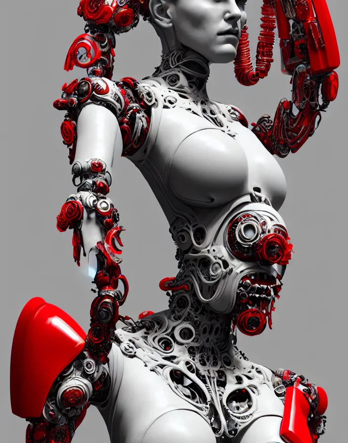 Prompt: portrait, antique marble statue, super hero pose, red white biomechanical dress, inflateble shapes, wearing epic bionic cyborg implants, masterpiece, intricate, biopunk futuristic wardrobe, highly detailed, art by akira, mike mignola, artstation, concept art, background galaxy, cyberpunk, octane render