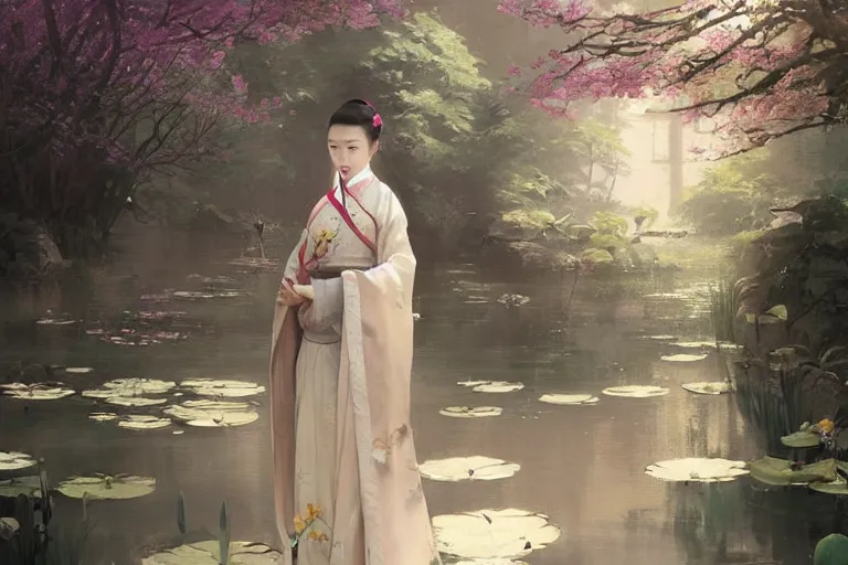 Prompt: a beautiful picture of a girl in hanfu, lotus flowers are blooming, by greg rutkowski and thomas kinkade, trending on artstation