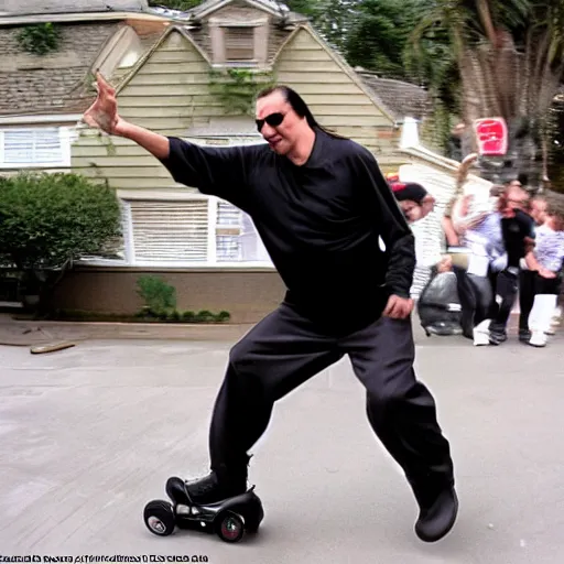 Image similar to Steven Seagal doing tricks on his razor scooter, fish-eye lens, fast shutter speed