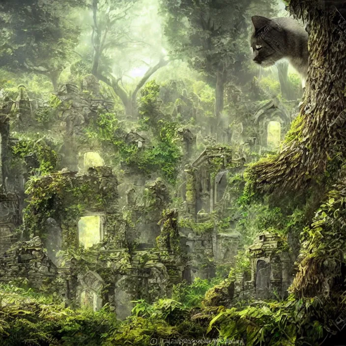 Image similar to ancient overgrown ruins, medieval gates, runestones, nostlagia, mysetrious etherial mesmerizing runic cat eyes, magical elven geometry, floating islands, high detail