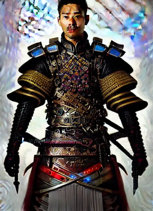 Prompt: portrait of a handsome cyberpunk samurai man wearing a warrior armor, symmetrical face, fantasy, regal, fractal crystal, fractal gems, by stanley artgerm lau, greg rutkowski, thomas kindkade, alphonse mucha, loish, norman rockwell.