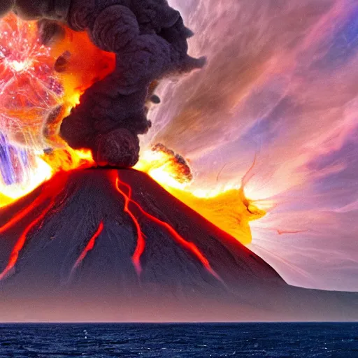 Image similar to the deepest darkest surreal and evil volcanic island with with tentacles and huge explosions with creatures from the orion nebula and gigantic octopus like creatures hyper real