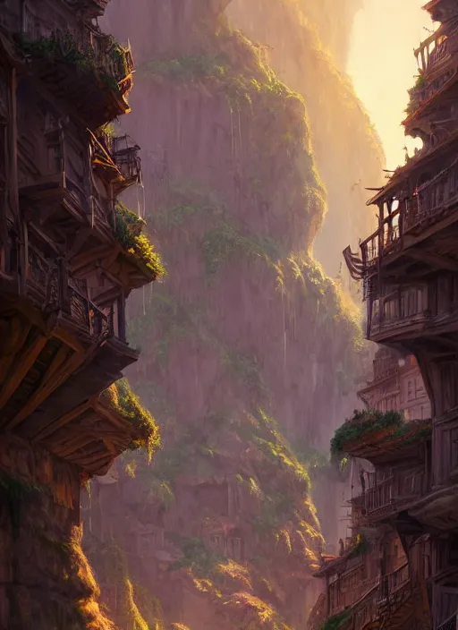 Image similar to medieval city built on terraces in a gigantic canyon, lots of buildings connected by bridges, waterfalls, warm glow coming the ground, lush vegetation, pitchblack sky, extremly detailed digital painting, in the style andreas rocha and greg rutkowski and peter mohrbacher, rim light, beautiful lighting, 8 k, stunning scene, octane, trending on artstation