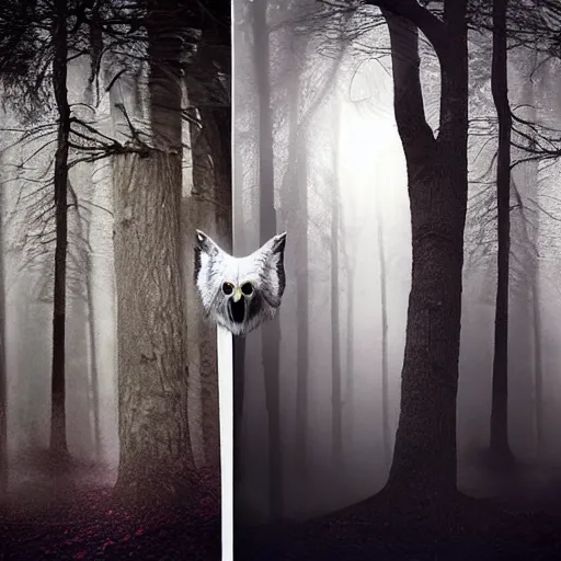 Image similar to mixture between an! owl and wolf, photograph captured in a dark forest