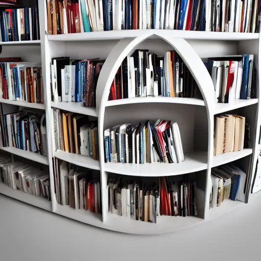 Image similar to photo of white bookshelf shaped like a spiral on white background