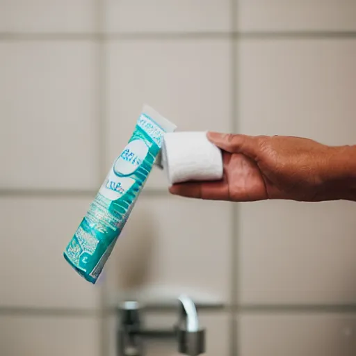 Prompt: toothpaste tube clogging a restroom toilet, 50mm lens