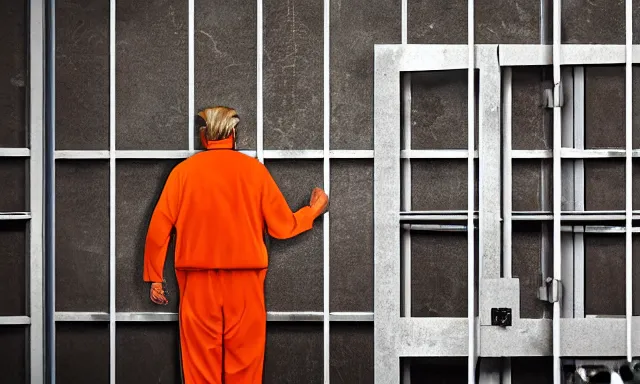 Image similar to full distant shot of a dirty jail cell in guantanamo bay prison with donald trump wearing an orange jump suit crying in it, photograph, realistic, dramatic lighting