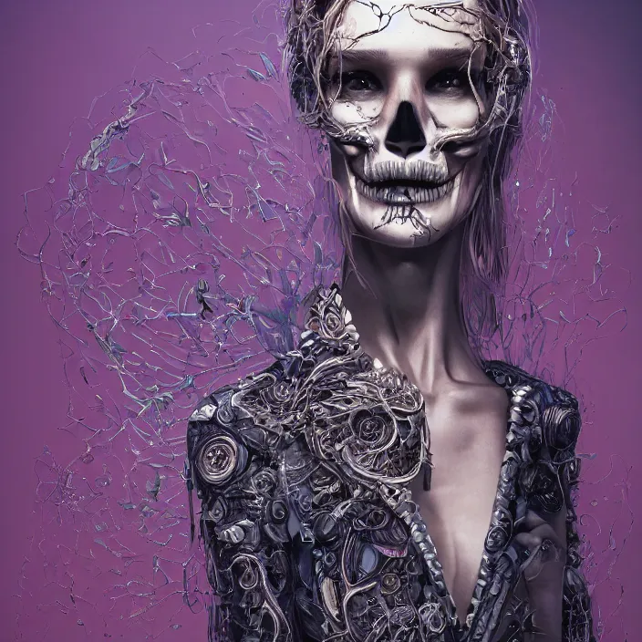 Image similar to portrait of rosie huntington-whiteley as a skull in a suit. intricate abstract. intricate artwork. nightmare fuel. by Tooth Wu, wlop, beeple, dan mumford. octane render, trending on artstation, greg rutkowski very coherent symmetrical artwork. cinematic, hyper realism, high detail, octane render, 8k, iridescent accents