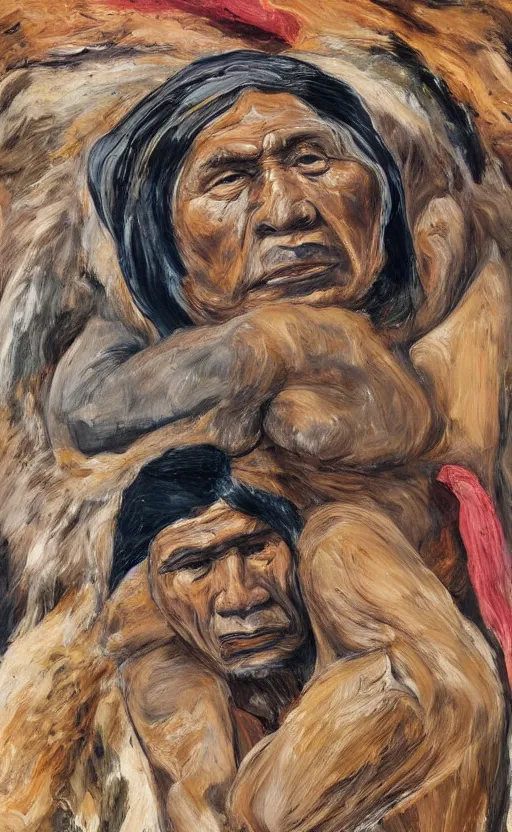 Prompt: full body shot picture of indigenous people leader leaning on a bear, painted by lucian freud, hd, super detailed, realistic, muted colors