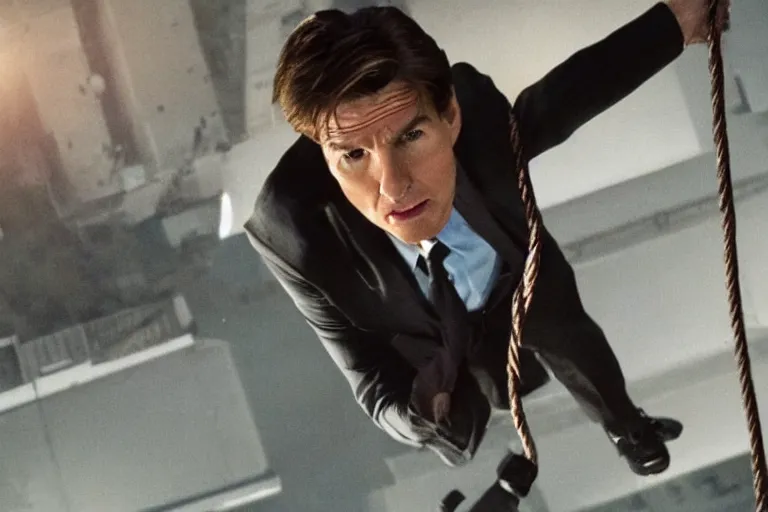 Image similar to movie still of spy donald trump as tom cruise in mission impossible hanging from a cable