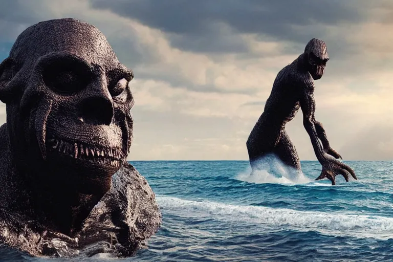 Prompt: 2 0 2 0 sighting of a weird dark creature with the face of capitalism rising out of the water on the beach, monster ashore, highly detailed, cinematic,