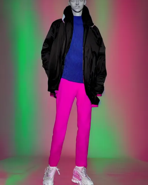 Image similar to a leaked screenshot of balenciagas 2 0 4 9 campaign, dayglo pink, dayglo blue