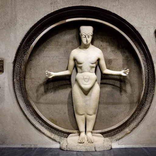 Image similar to futuristic ancient creature arrived through a portal, ancient statue in museum