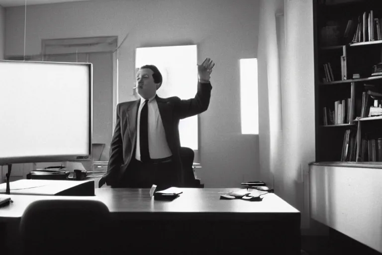 Prompt: cinematic film still from 1994 film: portly clean-shaven white man wearing suit and necktie at his desk, holding his left foot up in the air, XF IQ4, f/1.4, ISO 200, 1/160s, 8K, RAW, dramatic lighting, symmetrical balance, in-frame