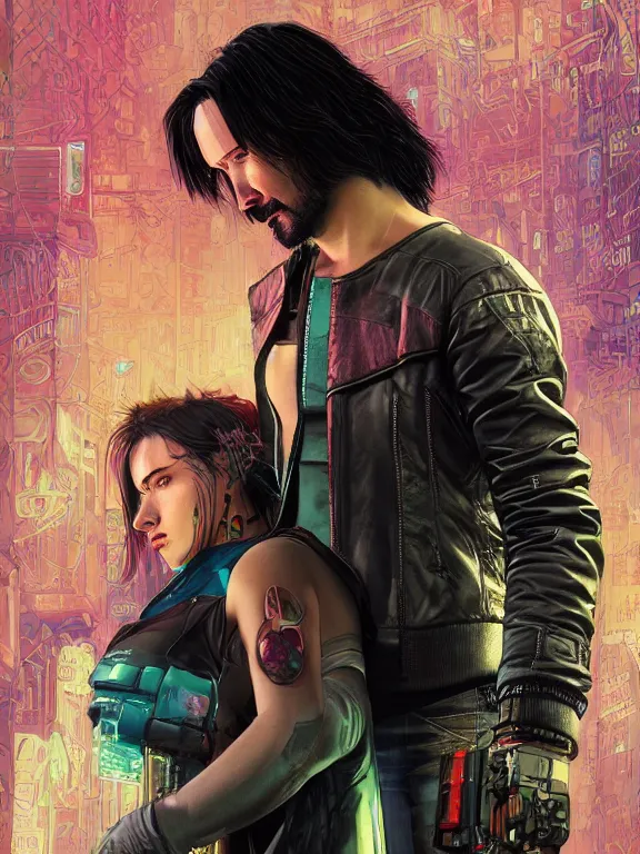 Image similar to a cyberpunk 2077 couple portrait of Keanu Reeves and V in love story,film lighting,by laurie greasley,Lawrence Alma-Tadema,William Morris,Dan Mumford,trending on atrstation,full of color,Digital painting,face enhance,highly detailed,8K, octane,golden ratio,cinematic lighting