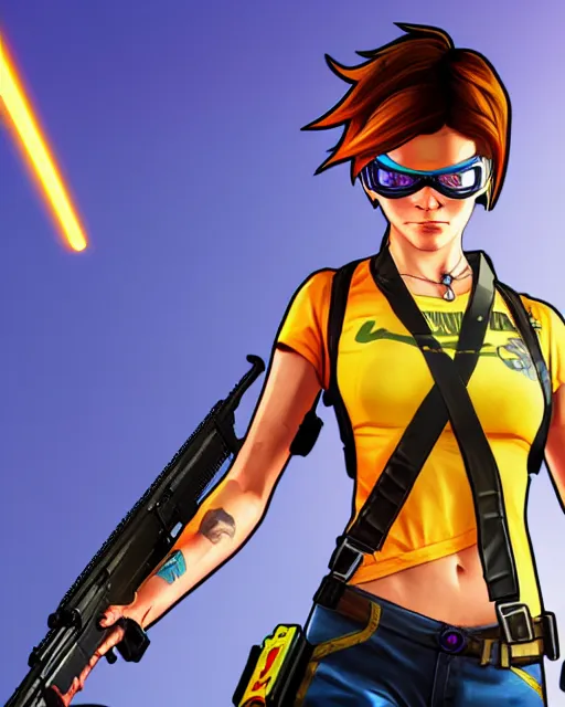 Image similar to gta 5, grand theft auto 5 cover art of tracer from overwatch