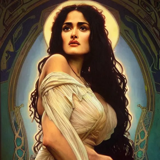 Image similar to salma hayek portrait by alphonse mucha, playful, fantasy, medieval, beautiful face, perfect detailed eyes, vivid colrs, elegant, concept art, sharp focus, digital art, hyper - realistic, 4 k, unreal engine, highly detailed, hd, dramatic lighting by brom, trending on artstation, holy halo