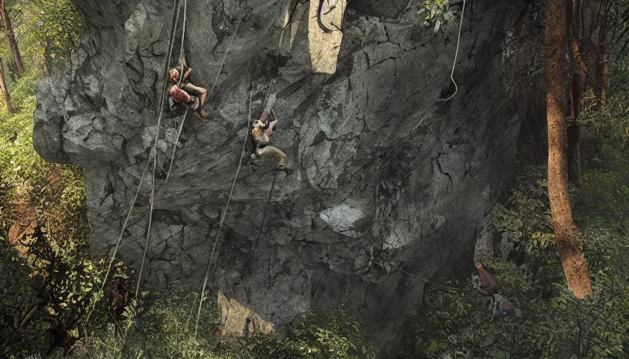 Prompt: rock climbers climbing a rock, in the forest, plants environment, wide angle, cinematic lighting, atmospheric, realistic, octane render, highly detailed, color graded, in the style of craig mullins