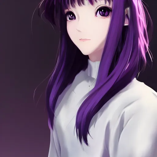 Image similar to gorgeous anime woman portrait, purple hair, cheongsam dress, clear clean face, face by ilya kushinov, avetetsuya studios, alexandra fomina artstation, by makoto shinkai, digital 2 d, painterly style, cinematic matte illustration, clean composition, character design, ufotable, vofan