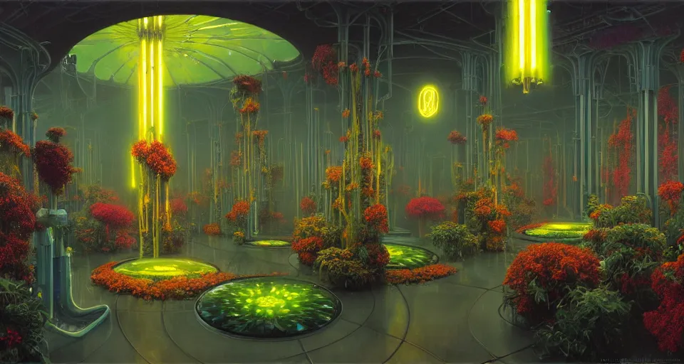 Image similar to a bright minimalist bioluminescent oil painting by donato giancola, warm coloured, cinematic scifi luxurious futuristic foggy steam filled victorian garden with microscopy radial windows flowers growing out of pretty bulbous ceramic fountains, gigantic pillars and flowers, maschinen krieger, beeple, star trek, star wars, ilm, atmospheric perspective