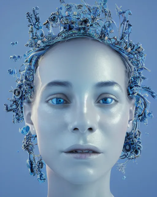 Image similar to natural light, soft focus photo of petri dish with a bacteriological culture and mold with little filaments under the microscope, octane render, tilt shift, polaeized light, blue bioluminescent plastics, smooth shiny metal, elaborate ornate head piece, piercings, skin textures, by annie leibovitz, paul lehr