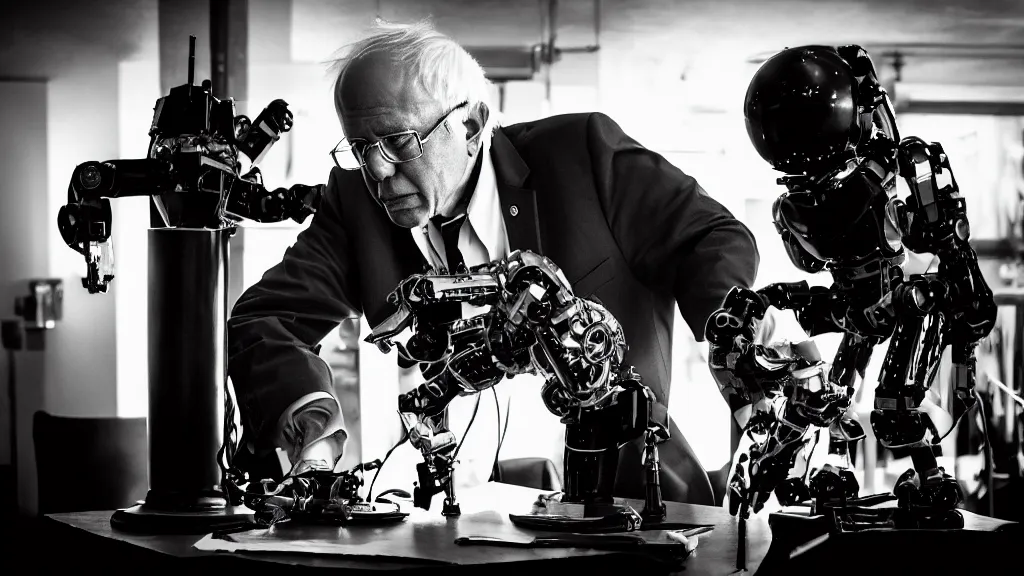 Image similar to bernie sanders putting the finishing touches on a complex magical clockwork doomsday robot, black and white photo, cinematic moody lighting, sharp focus