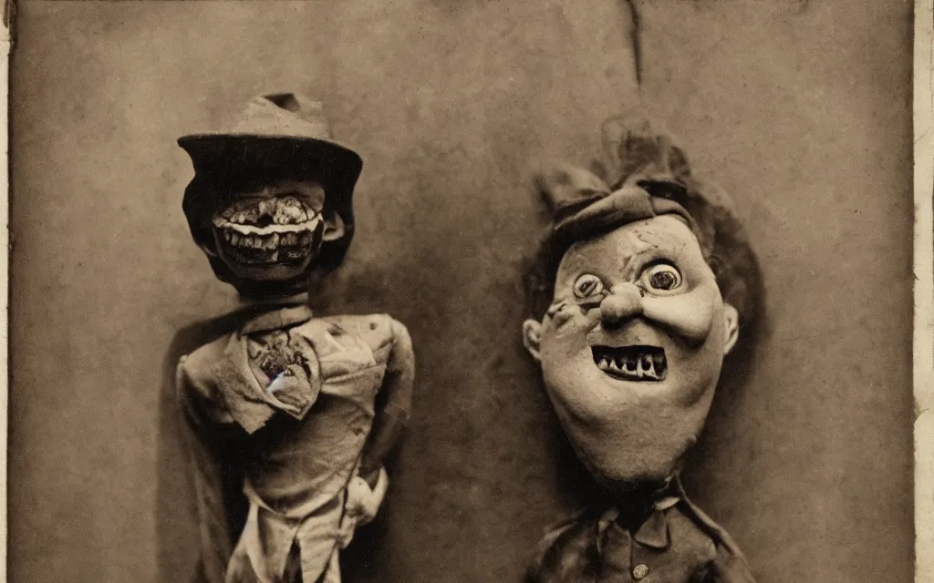 Image similar to a ventriloquist figure, ventriloquist dummy head, smiling, photograph, style of atget, nightmare, concept art, creepy