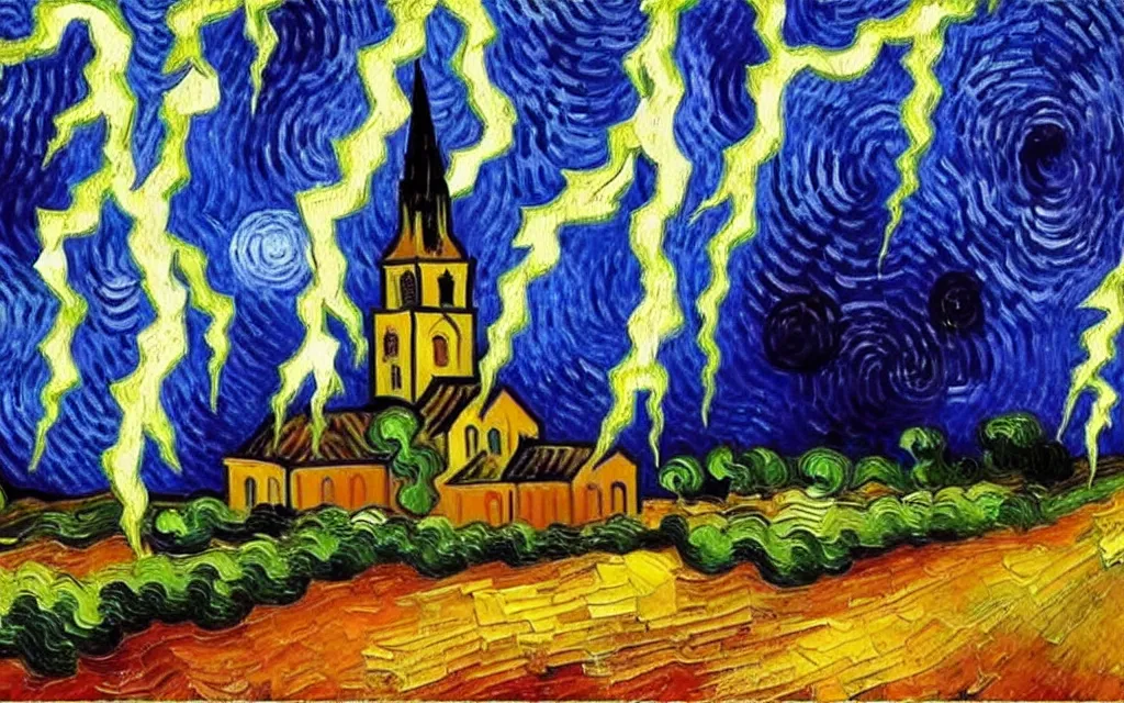 Image similar to expressionist oil painting by van gogh of lightning storm over a tall gothic church, landscape painting, expressionism, 8 k resolution, small brushstrokes, watercolor palette